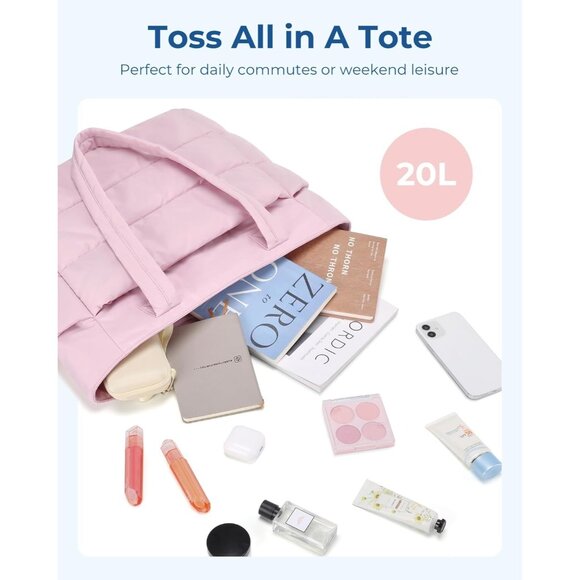 Women Pink Lightweight Puffy Tote Bag for Travel Beach Gym With Multi-pocket - Picture 4 of 7